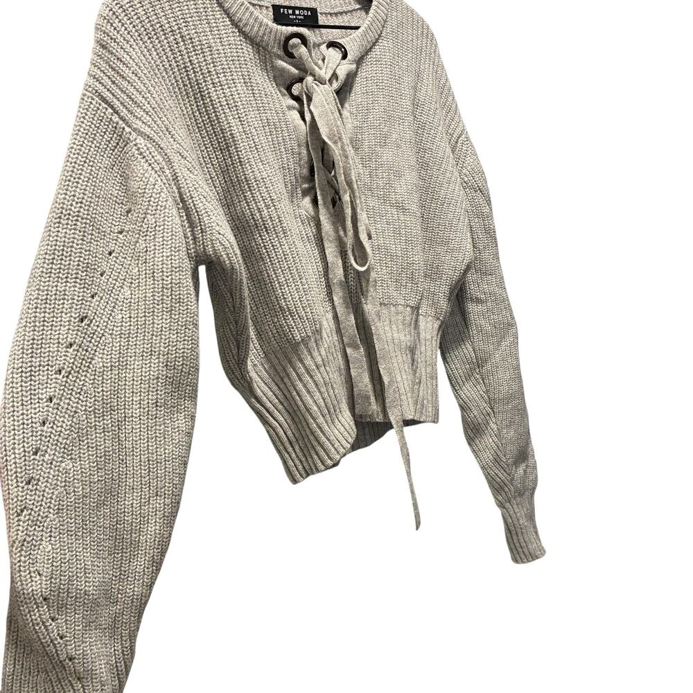Few Moda New York Sweater Wool Blend Knit Lace Up Tie Front Gray Womens Small - Picture 5 of 8